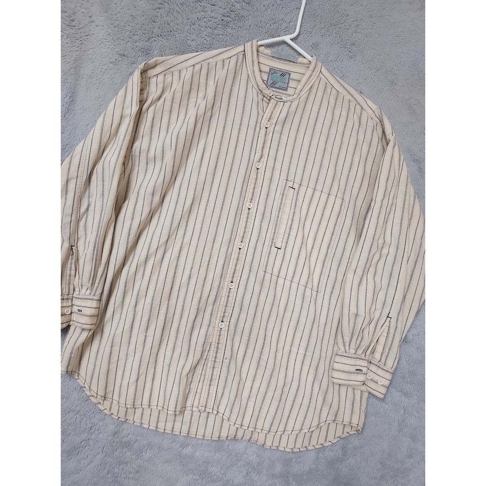 Vintatge Generra Shirt Mens Large 80s Poet Pilgrim Band Collar Striped Yellow